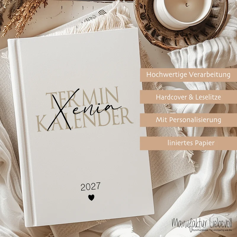 Personalisierter Terminplaner 2027 Din A5 | Hardcover Buchkalender mit Name | Weißes Cover, Modernes Design