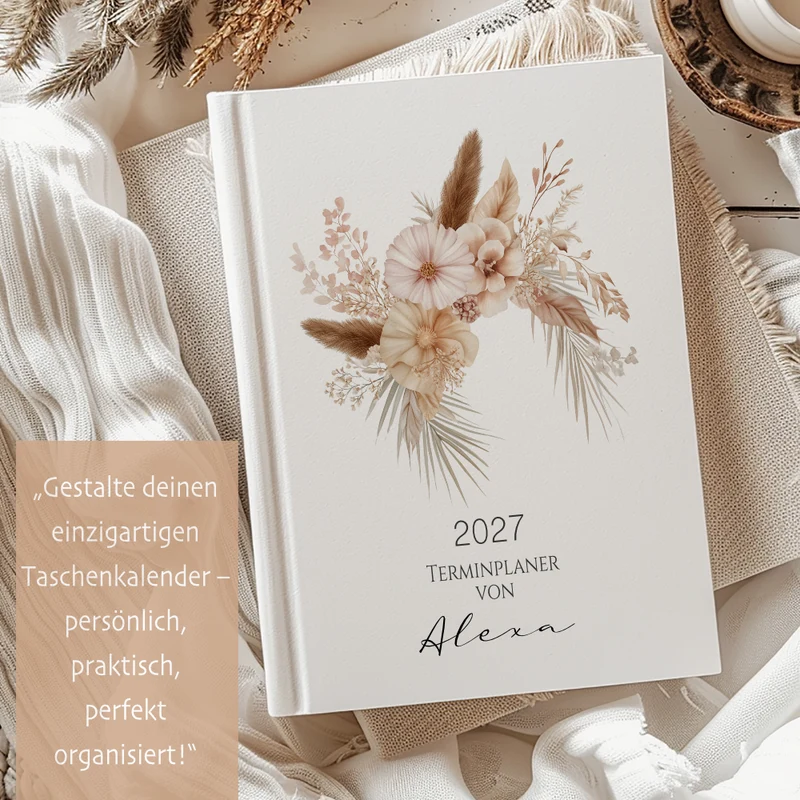 Personalisierter Terminplaner 2027 Din A5 | Hardcover Buchkalender mit Name | Florales & Boho Design