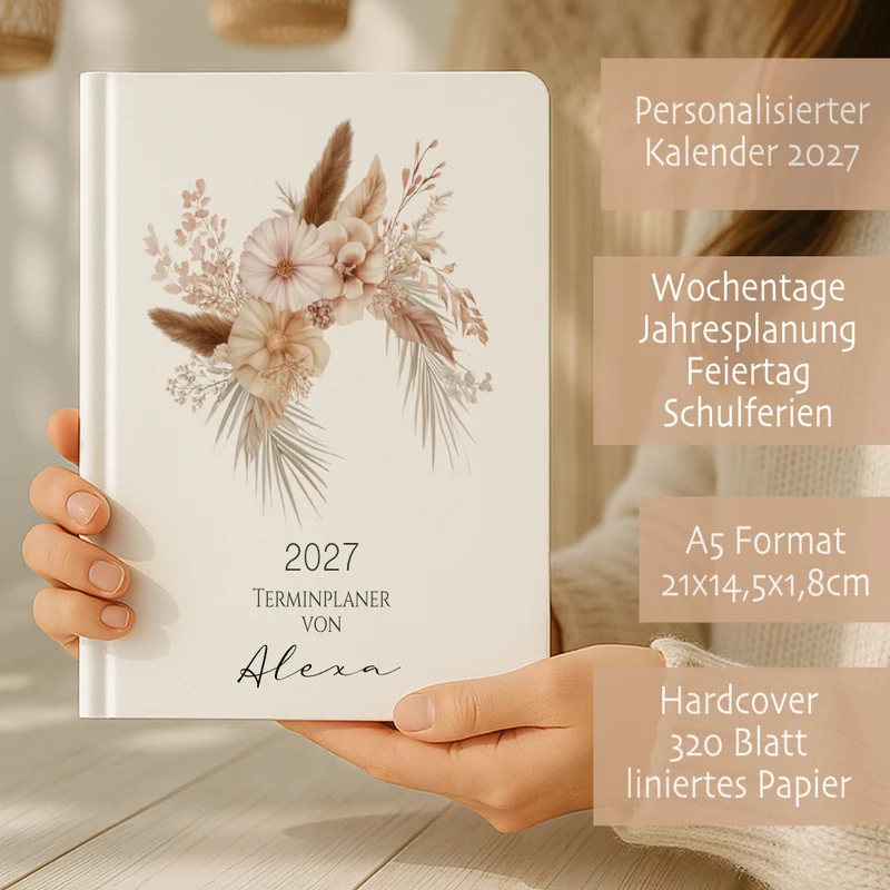 Personalisierter Terminplaner 2027 Din A5 | Hardcover Buchkalender mit Name | Florales & Boho Design