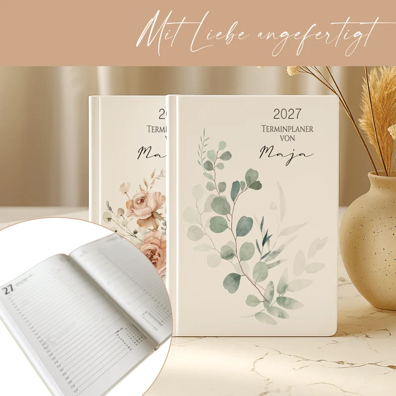 Personalisierter Terminplaner 2027 Din A5 | Hardcover Buchkalender mit Name | Florales & Boho Design