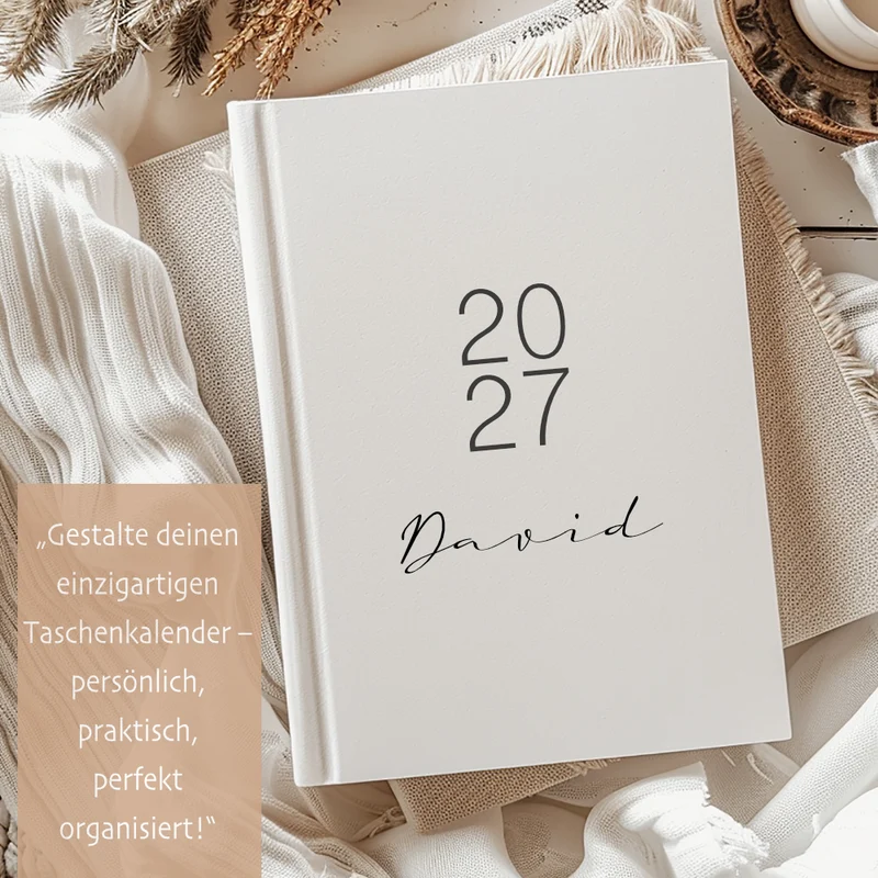 Personalisierter Terminplaner 2027 Din A5 | Minimalistischer Buchkalender mit Name | Weißes Hardcover – Manufaktur Liebevoll