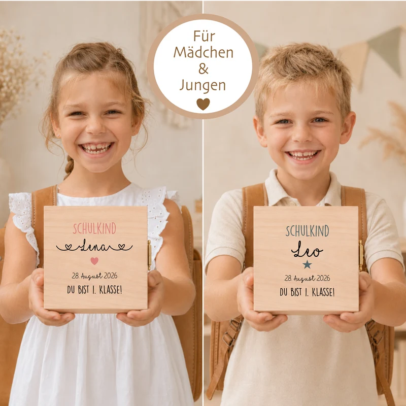 Geschenkbox zur Einschulung – personalisierte Holzbox mit Trockenblumen & Geldsäckchen
