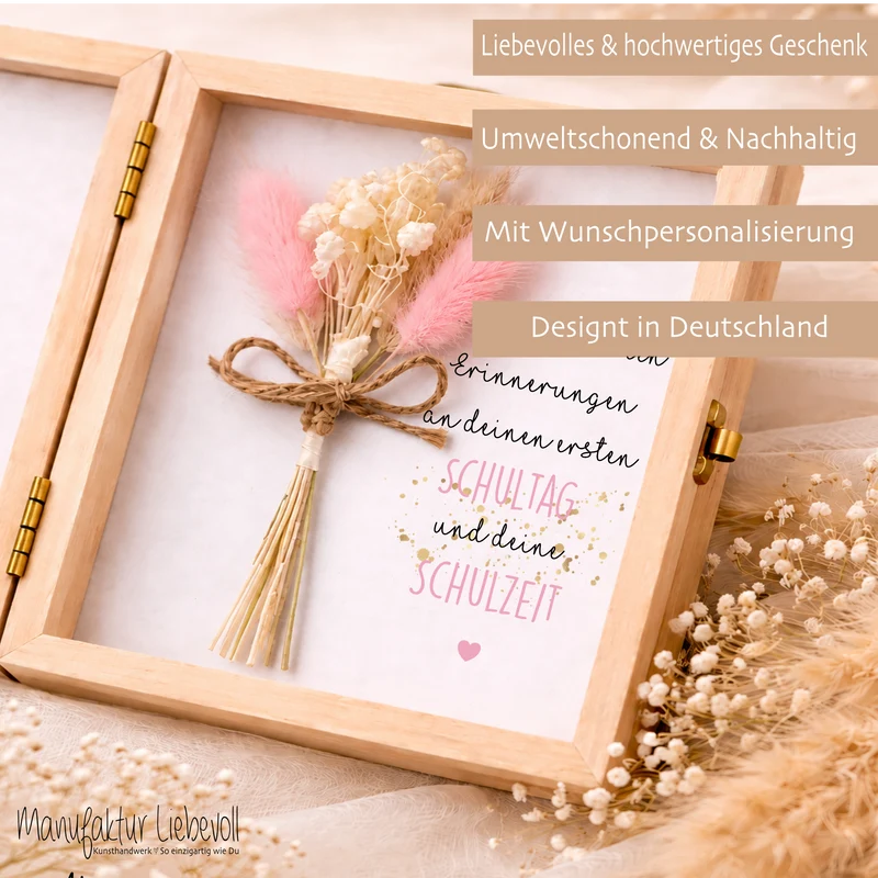 Geschenkbox zur Einschulung – personalisierte Holzbox mit Trockenblumen & Geldsäckchen