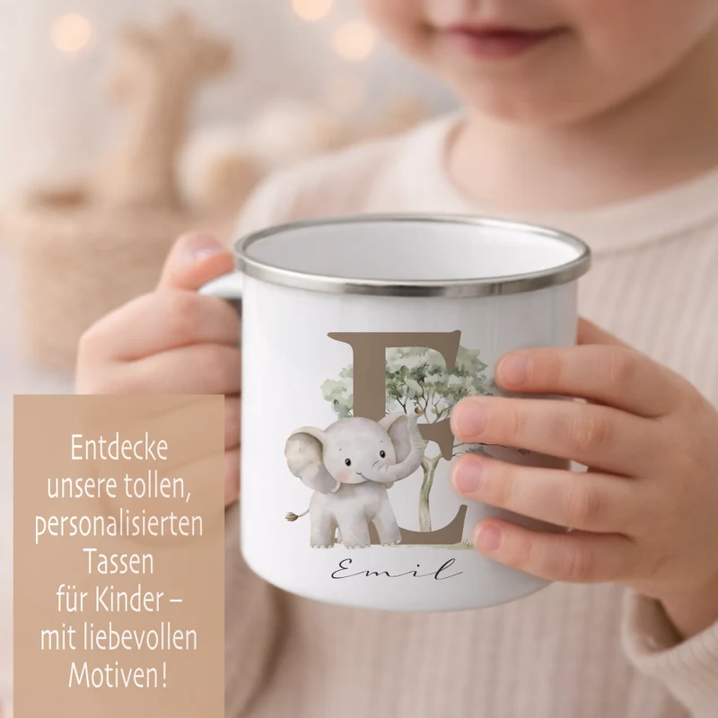 Personalisierte Emaille Tasse mit Namen & Buchstabe – Süße Safari Motive im Boho-Stil – Bruchsicherer Kinderbecher 300ml