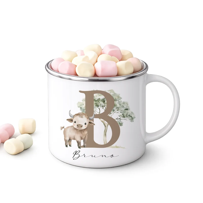 Personalisierte Emaille Tasse mit Namen & Buchstabe – Süße Safari Motive im Boho-Stil – Bruchsicherer Kinderbecher 300ml