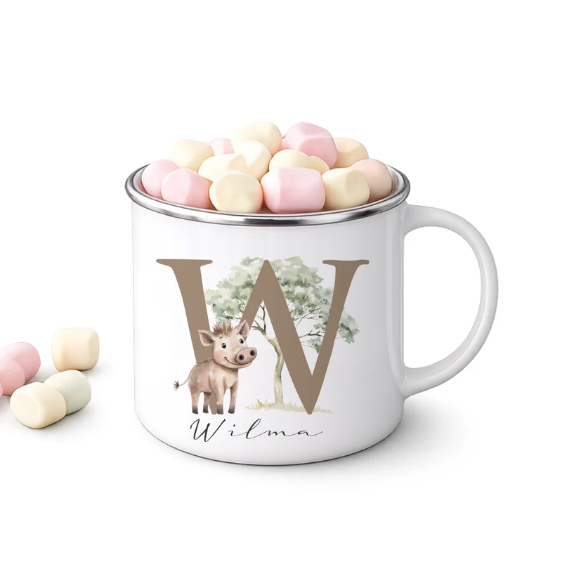 Personalisierte Emaille Tasse mit Namen & Buchstabe – Süße Safari Motive im Boho-Stil – Bruchsicherer Kinderbecher 300ml