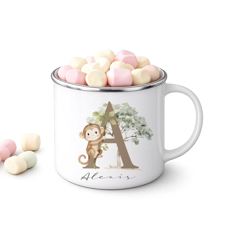Personalisierte Emaille Tasse mit Namen & Buchstabe – Süße Safari Motive im Boho-Stil – Bruchsicherer Kinderbecher 300ml