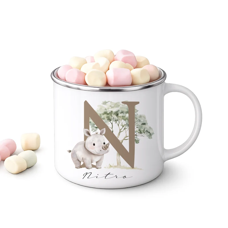 Personalisierte Emaille Tasse mit Namen & Buchstabe – Süße Safari Motive im Boho-Stil – Bruchsicherer Kinderbecher 300ml