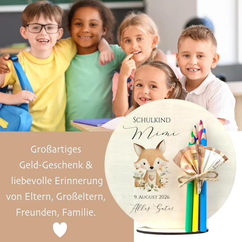 Personalisiertes Geldgeschenk zur Einschulung – Holzschild mit Namen als Geldhalter – Originelles Geschenk zum Schulanfang & Einschulungsdeko