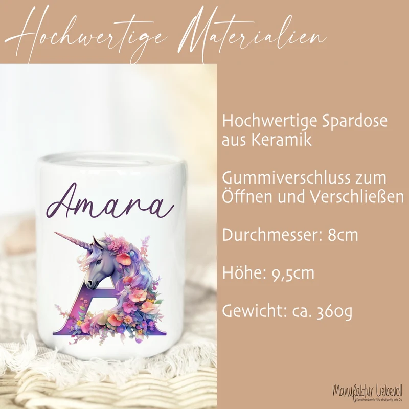 Spardose "Einhorn" mit Namen für Mädchen | Geld Geschenk für Kinder | Personalisiertes Geldgeschenk Pferde Motiv I Babygeschenk Mädchen