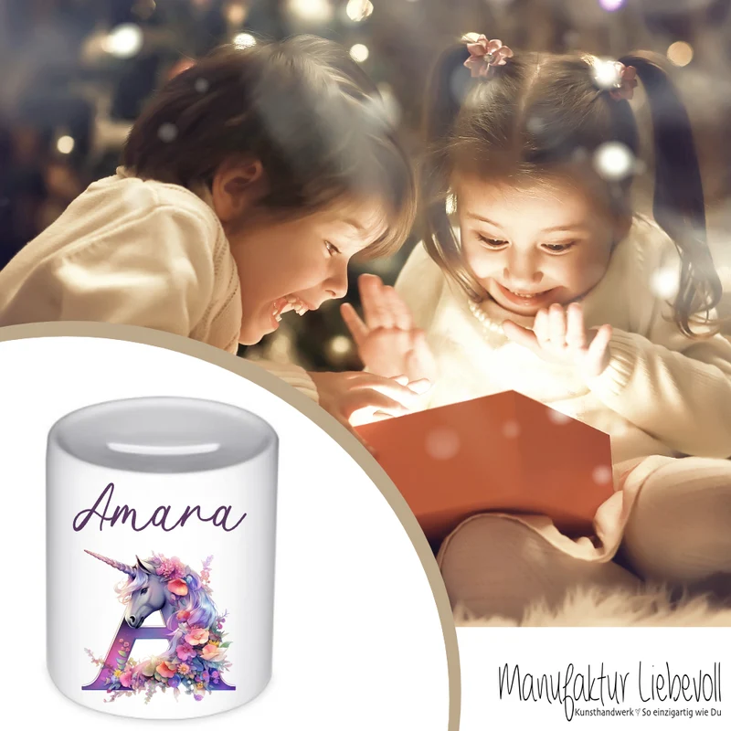 Spardose "Einhorn" mit Namen für Mädchen | Geld Geschenk für Kinder | Personalisiertes Geldgeschenk Pferde Motiv I Babygeschenk Mädchen