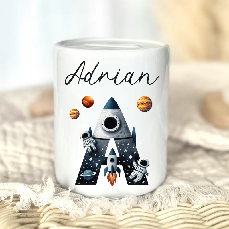 Spardose "Rakete" mit Namen für Jungen | Geld Geschenk für Kinder | Personalisiertes Geldgeschenk Weltall Spardose I Babygeschenk Jungen
