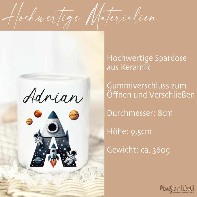 Spardose "Rakete" mit Namen für Jungen | Geld Geschenk für Kinder | Personalisiertes Geldgeschenk Weltall Spardose I Babygeschenk Jungen