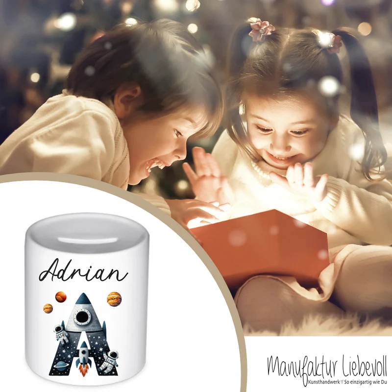 Spardose "Rakete" mit Namen für Jungen | Geld Geschenk für Kinder | Personalisiertes Geldgeschenk Weltall Spardose I Babygeschenk Jungen
