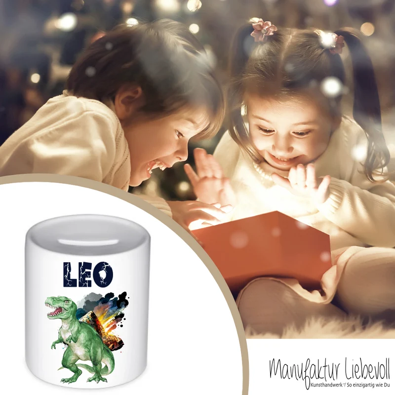 Spardose "Dino" mit Namen für Jungen | Geld Geschenk für Kinder | Personalisiertes Geldgeschenk T-Rex Spardose I Babygeschenk Jungen