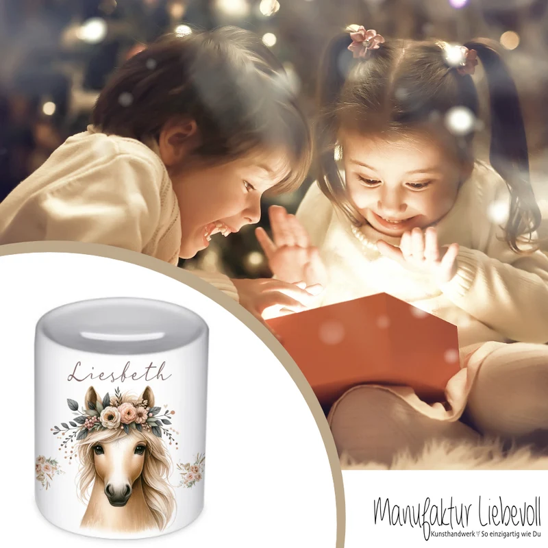Spardose "Pony" mit Namen für Mädchen | Geld Geschenk für Kinder | Personalisiertes Geldgeschenk Pferde Spardose I Babygeschenk Mädchen