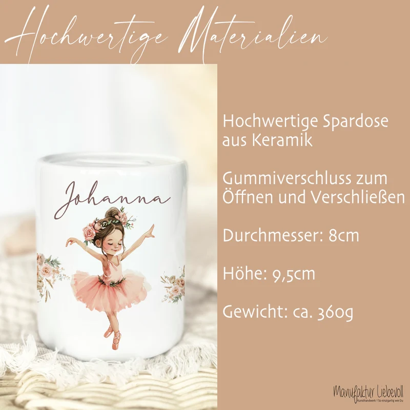 Spardose "Ballerina" mit Namen für Mädchen | Geld Geschenk für Kinder | Personalisiertes Geldgeschenk I Babygeschenk Mädchen