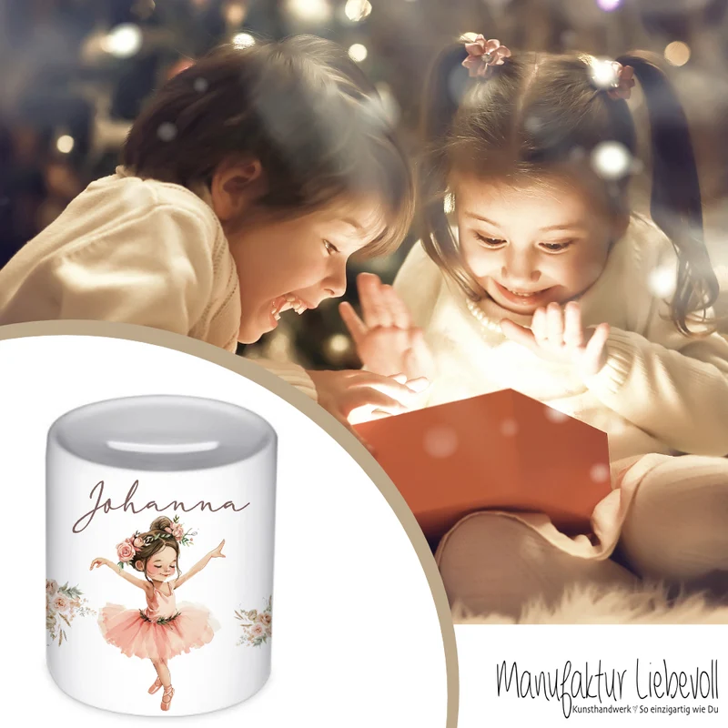 Spardose "Ballerina" mit Namen für Mädchen | Geld Geschenk für Kinder | Personalisiertes Geldgeschenk I Babygeschenk Mädchen