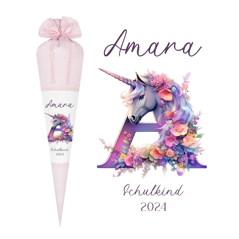 Einhorn Stoff Schultüte für Mädchen I Pferd Pony Zuckertüte Monogramm Namen Einschulungstüte Datum Blumen Füllkissen 70 cm I Optional mit Füllkissen und Spitzenschutz