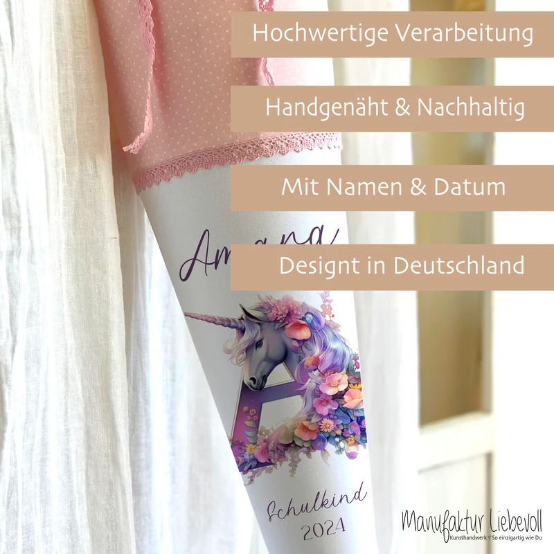 Einhorn Stoff Schultüte für Mädchen I Pferd Pony Zuckertüte Monogramm Namen Einschulungstüte Datum Blumen Füllkissen 70 cm I Optional mit Füllkissen und Spitzenschutz