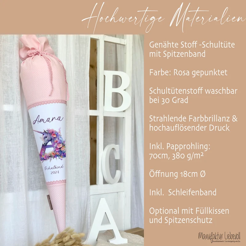 Einhorn Stoff Schultüte für Mädchen I Pferd Pony Zuckertüte Monogramm Namen Einschulungstüte Datum Blumen Füllkissen 70 cm I Optional mit Füllkissen und Spitzenschutz
