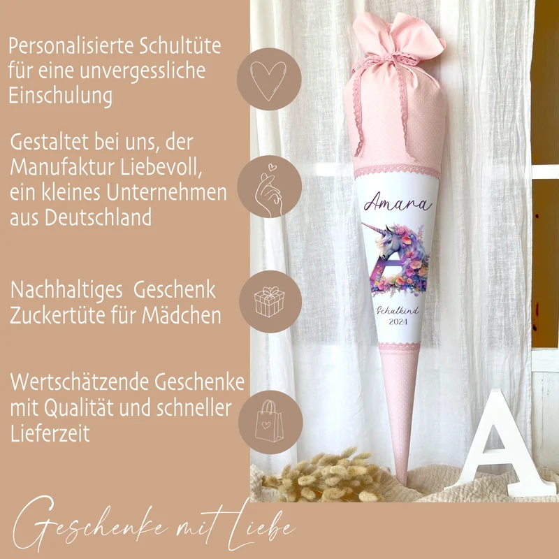 Einhorn Stoff Schultüte für Mädchen I Pferd Pony Zuckertüte Monogramm Namen Einschulungstüte Datum Blumen Füllkissen 70 cm I Optional mit Füllkissen und Spitzenschutz