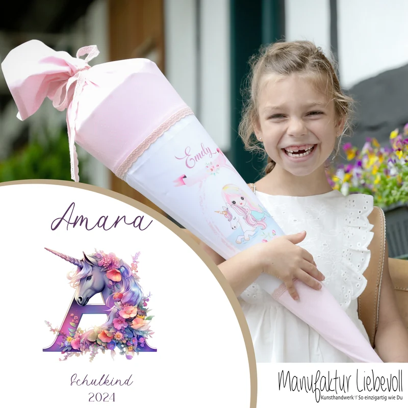 Einhorn Stoff Schultüte für Mädchen I Pferd Pony Zuckertüte Monogramm Namen Einschulungstüte Datum Blumen Füllkissen 70 cm I Optional mit Füllkissen und Spitzenschutz