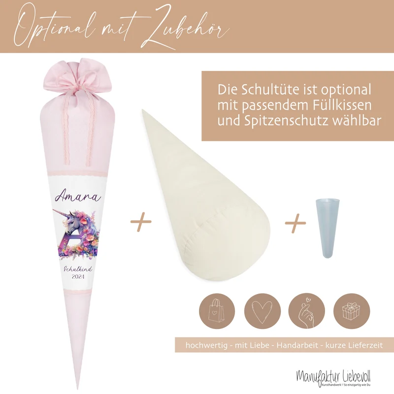 Einhorn Stoff Schultüte für Mädchen I Pferd Pony Zuckertüte Monogramm Namen Einschulungstüte Datum Blumen Füllkissen 70 cm I Optional mit Füllkissen und Spitzenschutz