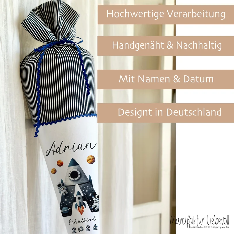 Raketen Schultüte Weltall | Personalisiert mit dem Namen und Buchstaben für Jungen | Optional mit Füllkissen und Spitzenschutz