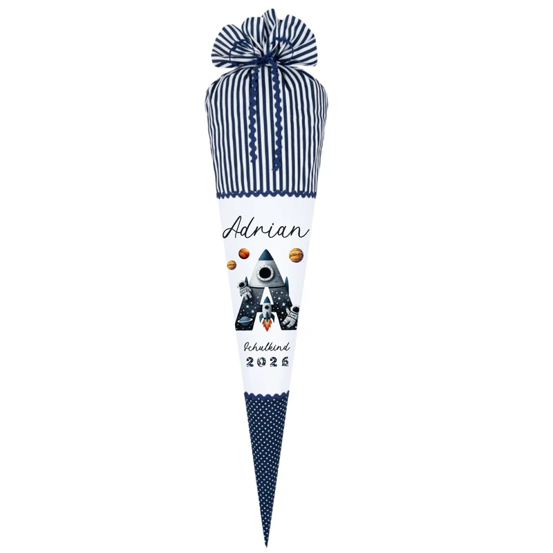 Raketen Schultüte Weltall | Personalisiert mit dem Namen und Buchstaben für Jungen | Optional mit Füllkissen und Spitzenschutz