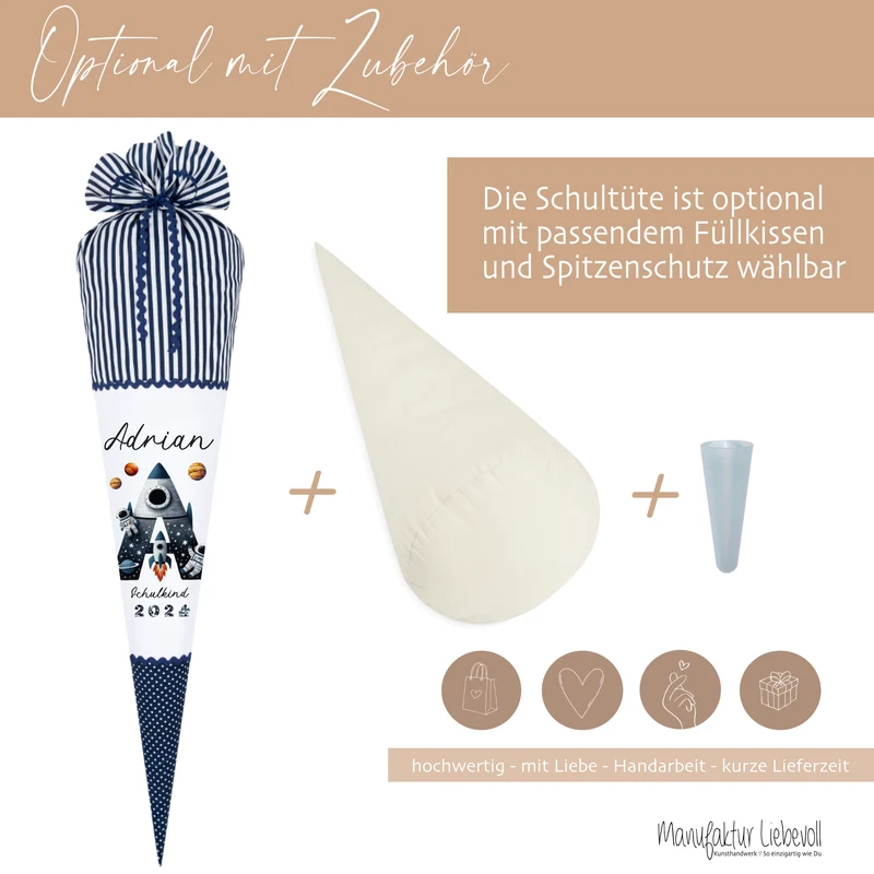 Raketen Schultüte Weltall | Personalisiert mit dem Namen und Buchstaben für Jungen | Optional mit Füllkissen und Spitzenschutz