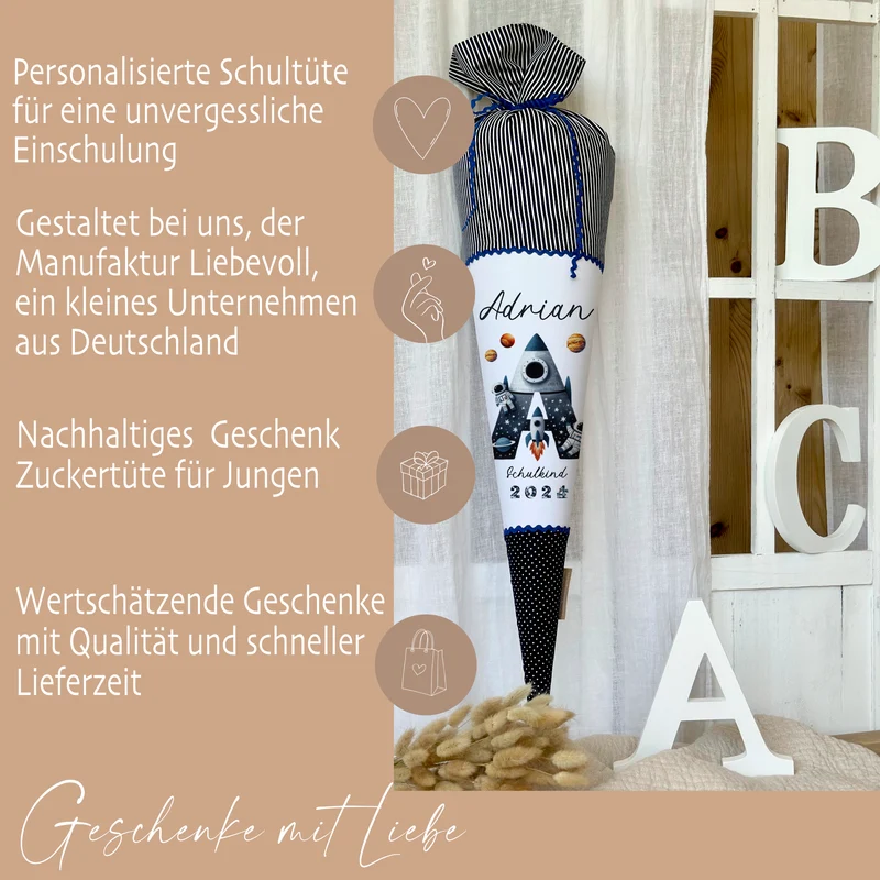 Raketen Schultüte Weltall | Personalisiert mit dem Namen und Buchstaben für Jungen | Optional mit Füllkissen und Spitzenschutz