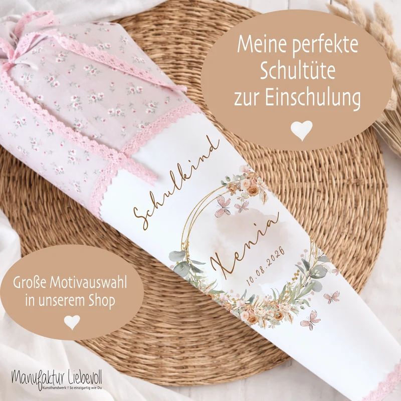 Eukalyptus Schultüte mit Namen für Mädchen Einschulung Schulkind 2025 Boho Schultüte Stoff Vintage Rosa Blumen Zuckertüte Einschulungstüte
