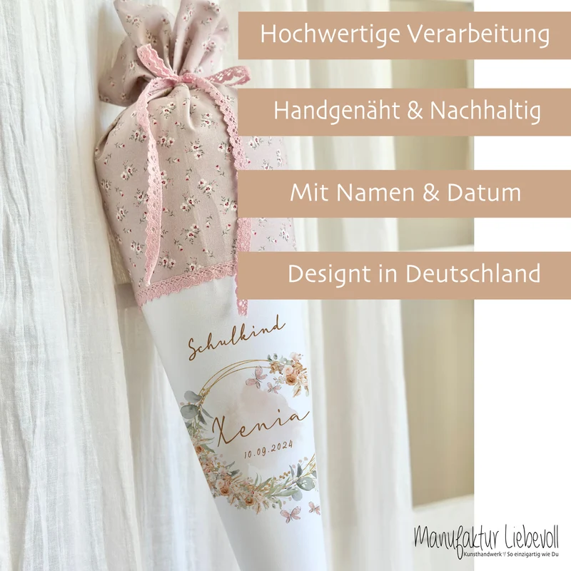 Eukalyptus Schultüte mit Namen für Mädchen Einschulung Schulkind 2025 Boho Schultüte Stoff Vintage Rosa Blumen Zuckertüte Einschulungstüte