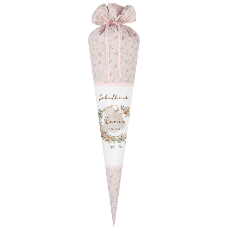 Eukalyptus Schultüte mit Namen für Mädchen Einschulung Schulkind 2025 Boho Schultüte Stoff Vintage Rosa Blumen Zuckertüte Einschulungstüte