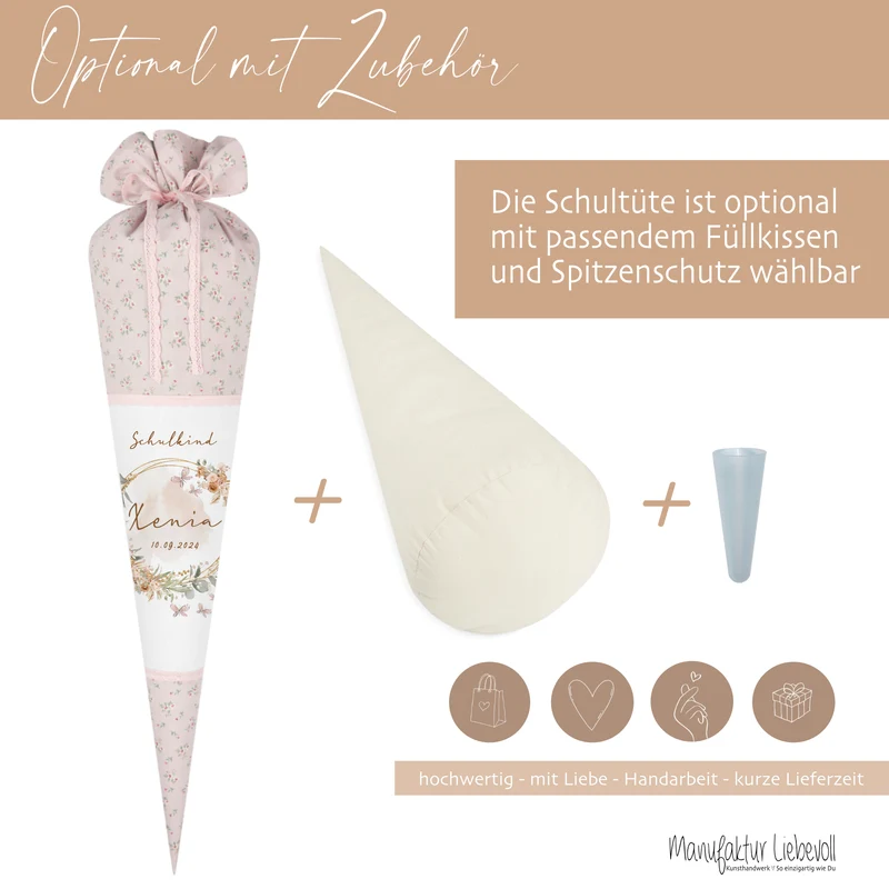 Eukalyptus Schultüte mit Namen für Mädchen Einschulung Schulkind 2025 Boho Schultüte Stoff Vintage Rosa Blumen Zuckertüte Einschulungstüte