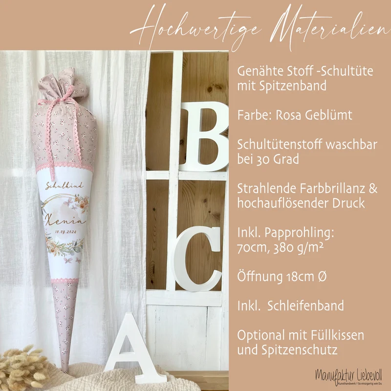 Eukalyptus Schultüte mit Namen für Mädchen Einschulung Schulkind 2025 Boho Schultüte Stoff Vintage Rosa Blumen Zuckertüte Einschulungstüte
