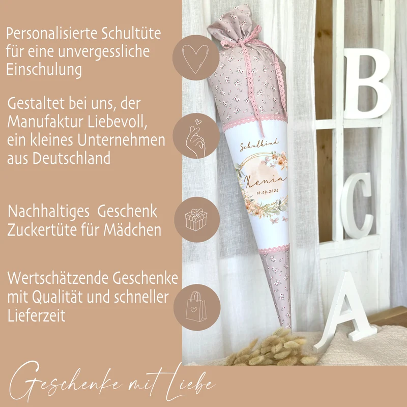 Eukalyptus Schultüte mit Namen für Mädchen Einschulung Schulkind 2025 Boho Schultüte Stoff Vintage Rosa Blumen Zuckertüte Einschulungstüte