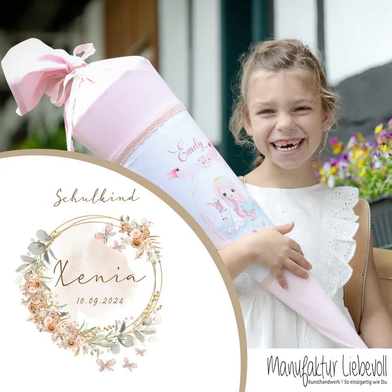 Eukalyptus Schultüte mit Namen für Mädchen Einschulung Schulkind 2025 Boho Schultüte Stoff Vintage Rosa Blumen Zuckertüte Einschulungstüte
