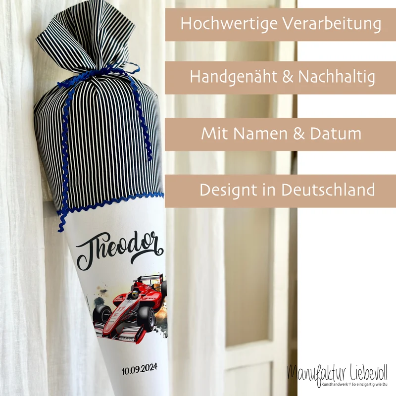 Rennauto Schultüte für Jungen personalisierte Stoff Schultüte Auto Schultüte Sportwagen Rennwagen Einschulung Junge Schulkind Geschenk