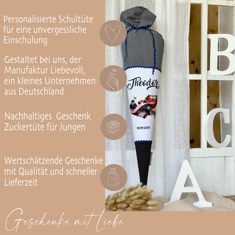 Rennauto Schultüte für Jungen personalisierte Stoff Schultüte Auto Schultüte Sportwagen Rennwagen Einschulung Junge Schulkind Geschenk