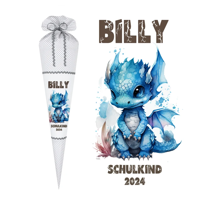 Personalisierte graue Stoff Schultüte blauer Drache | Personalisiert mit dem Namen für Jungen | Optional mit Füllkissen und Spitzenschutz