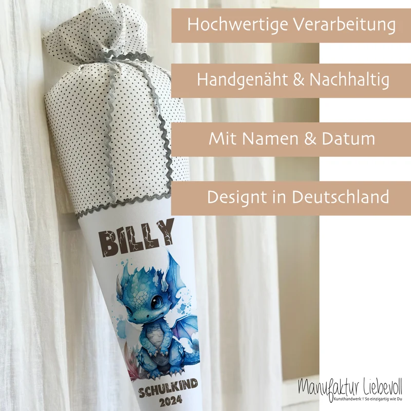 Personalisierte graue Stoff Schultüte blauer Drache | Personalisiert mit dem Namen für Jungen | Optional mit Füllkissen und Spitzenschutz
