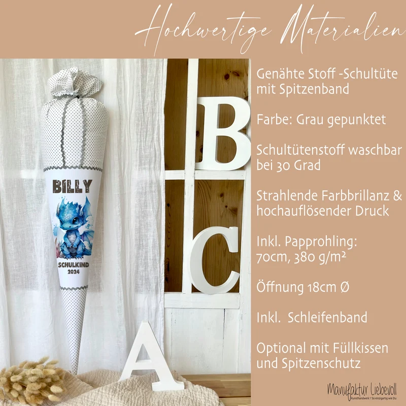 Personalisierte graue Stoff Schultüte blauer Drache | Personalisiert mit dem Namen für Jungen | Optional mit Füllkissen und Spitzenschutz