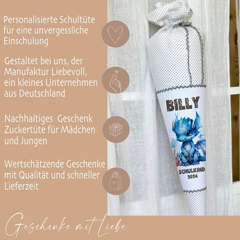 Personalisierte graue Stoff Schultüte blauer Drache | Personalisiert mit dem Namen für Jungen | Optional mit Füllkissen und Spitzenschutz
