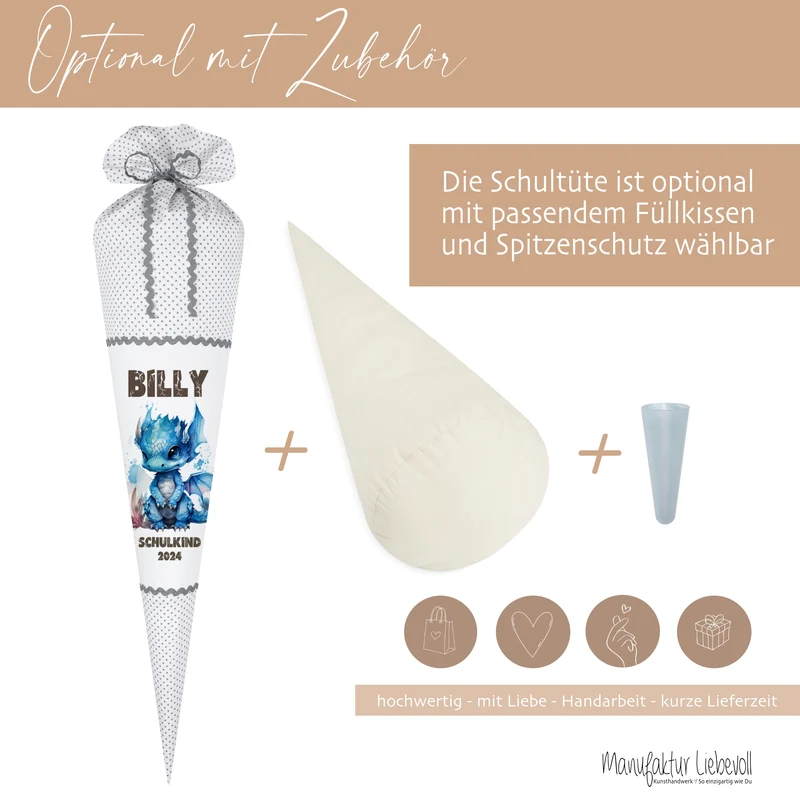 Personalisierte graue Stoff Schultüte blauer Drache | Personalisiert mit dem Namen für Jungen | Optional mit Füllkissen und Spitzenschutz
