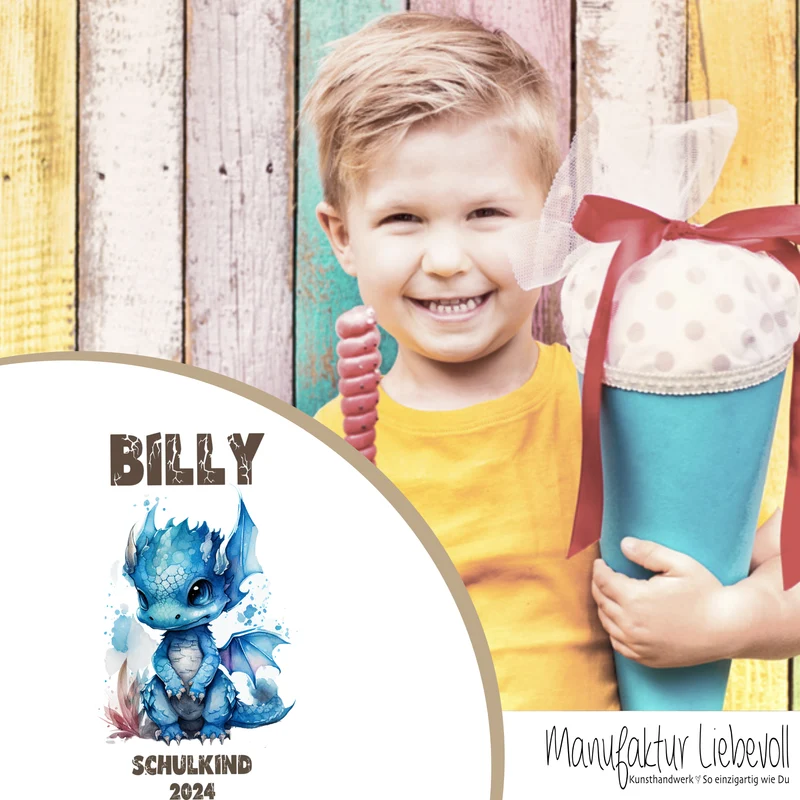 Personalisierte graue Stoff Schultüte blauer Drache | Personalisiert mit dem Namen für Jungen | Optional mit Füllkissen und Spitzenschutz