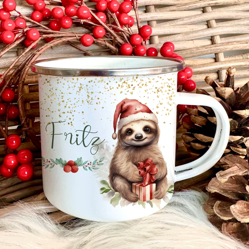 Kinder Weihnachtstasse "Faultier" | Tasse mit Namen personalisiert | Kinderbecher aus Emaille mit Weihnachtsmotiv | Weihnachtsgeschenk Nikolaus für Mädchen Jungen Teenager | 7 Produktvarianten zur Auswahl