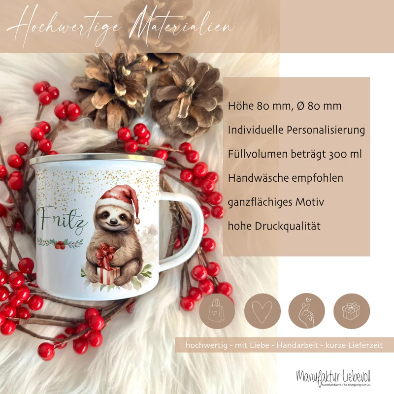 Kinder Weihnachtstasse "Faultier" | Tasse mit Namen personalisiert | Kinderbecher aus Emaille mit Weihnachtsmotiv | Weihnachtsgeschenk Nikolaus für Mädchen Jungen Teenager | 7 Produktvarianten zur Auswahl