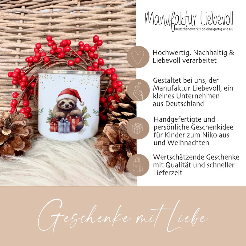 Kinder Weihnachtstasse "Faultier" | Tasse mit Namen personalisiert | Kinderbecher aus Emaille mit Weihnachtsmotiv | Weihnachtsgeschenk Nikolaus für Mädchen Jungen Teenager | 7 Produktvarianten zur Auswahl